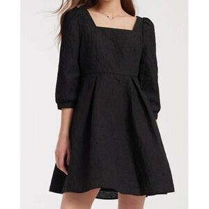 Gloria Jacquard Mini Dress Womens Large Square Neck 3/4 Sleeve A-Line Fit Black